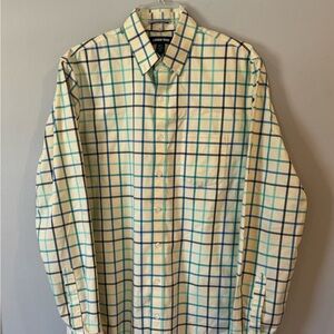 Lands End Mens Button Down Shirt Yellow Plaid No Iron Twill Med Tall 15-15.5